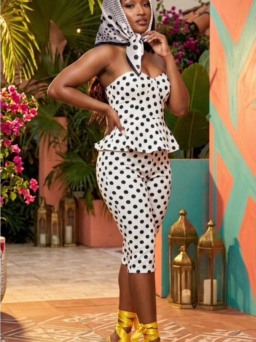 Polka Dot Peplum Corset Top & Pencil Capri Set - White with Black Dots